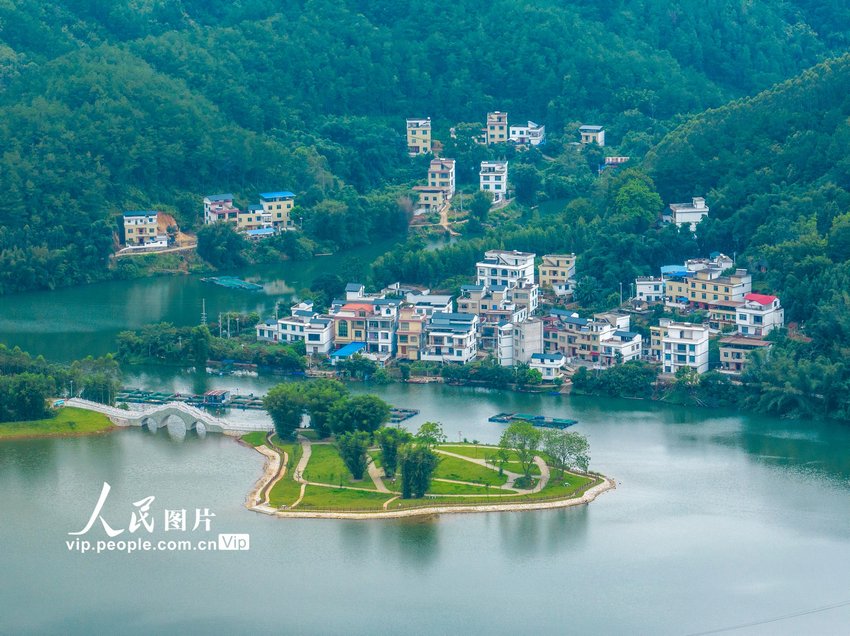 2023年8月5日，俯瞰广西梧州市苍梧县京南镇古榄村，错落有致的民居与青山绿水相映成趣，绘就出一幅美丽乡村、宜家宜居宜游的生态画卷。