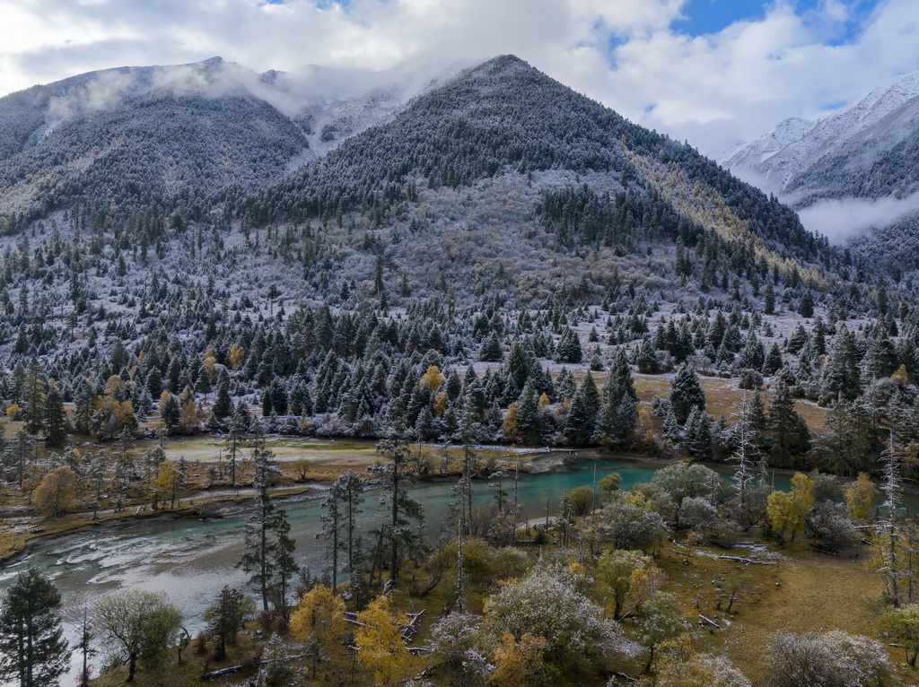 这是在林芝工布江达县拍摄的雪后峡谷景观（无人机照片，10月28日摄）。