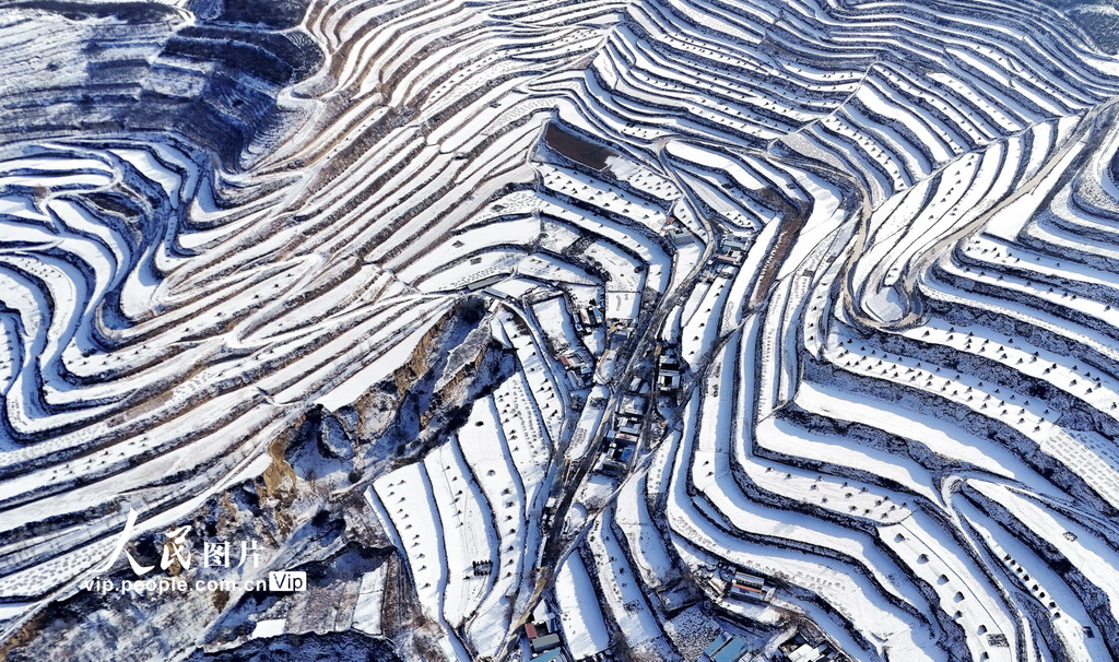 2024年12月13日，在甘肃省平凉市静宁县灵芝乡马圈山拍摄的雪后梯田景象。