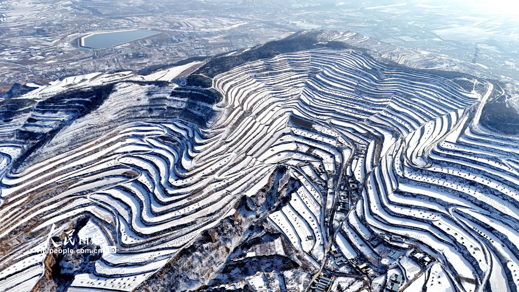 2024年12月13日，在甘肃省平凉市静宁县灵芝乡马圈山拍摄的雪后梯田景象。