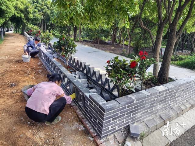 高州根子镇柏桥村鸡社村小组村民在修建小花园。受访者供图