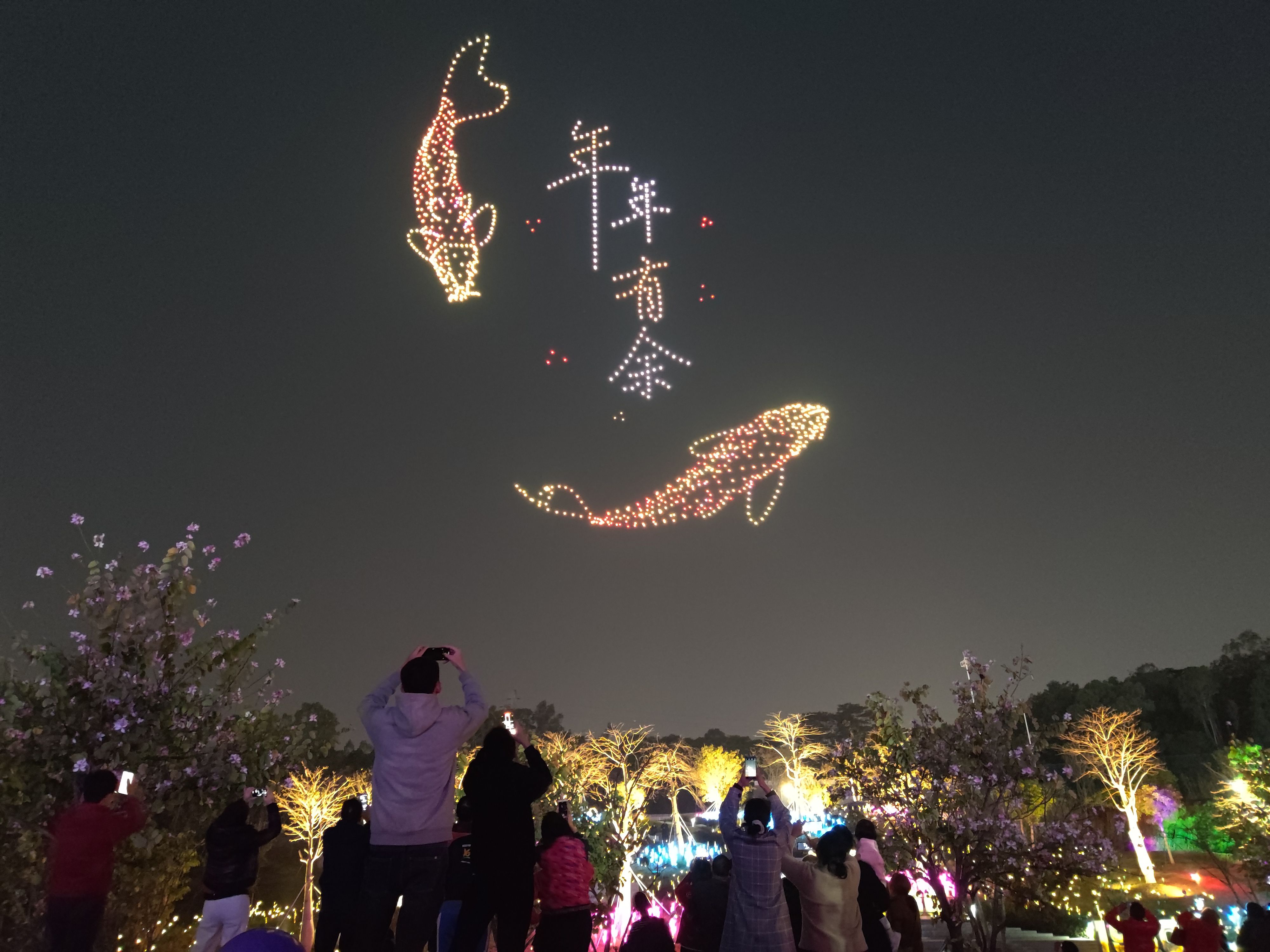 △ 2024年2月10日，深圳北站中心公园，春节主题无人机灯光秀引来众多游客驻足观看。
